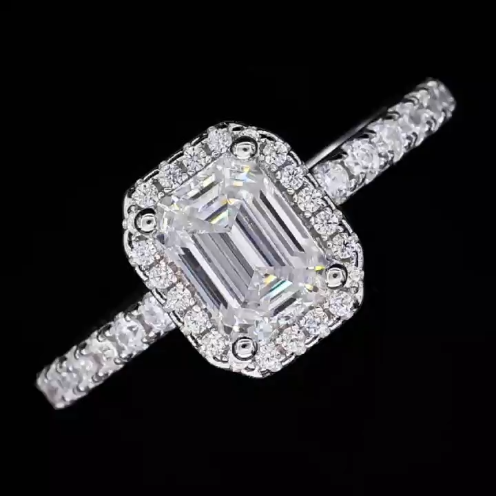 1Ct Moissanite Classic  Emerald Cut Halo Engagement Ring