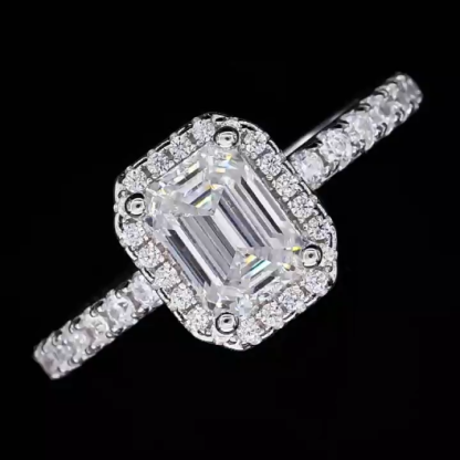 1Ct Moissanite Classic  Emerald Cut Halo Engagement Ring