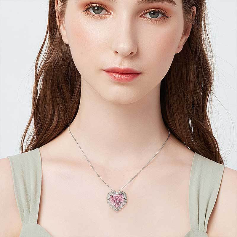 Halo Heart Cut Pink Sapphire Sterling Silver Necklace For Women-Sterling Silver-lornajewelry