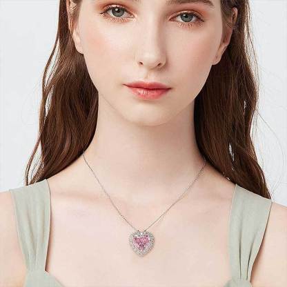 Halo Heart Cut Pink Sapphire Sterling Silver Necklace For Women-Sterling Silver-lornajewelry
