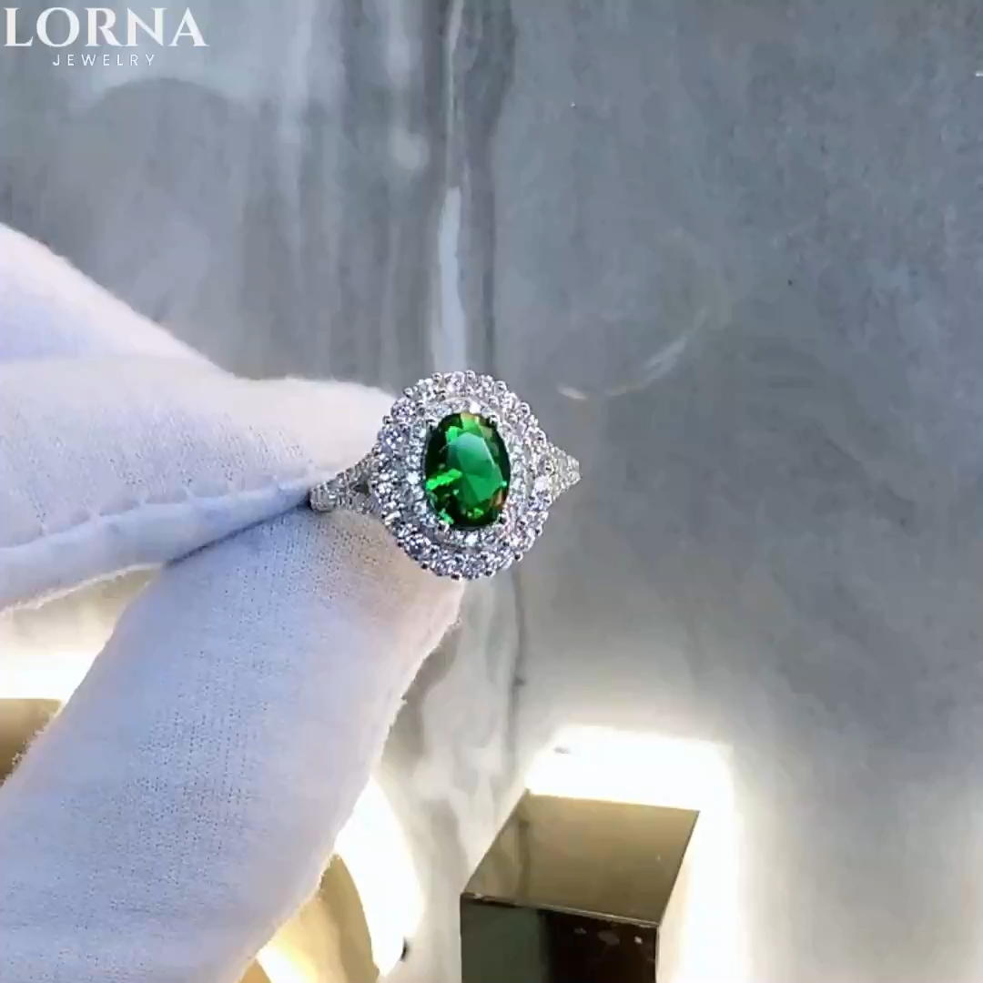 1.5Ct Oval Green Double Halo Split Shank Pave Engagement Ring in 925 Sterling Silver