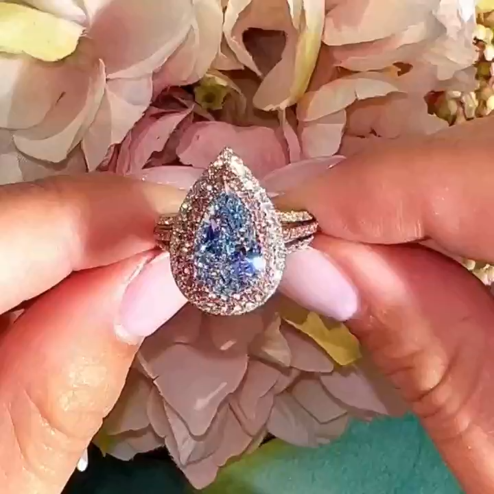 2.5Ct Attractive Double Halo Pear Cut Aquamarine Blue Engagement Ring