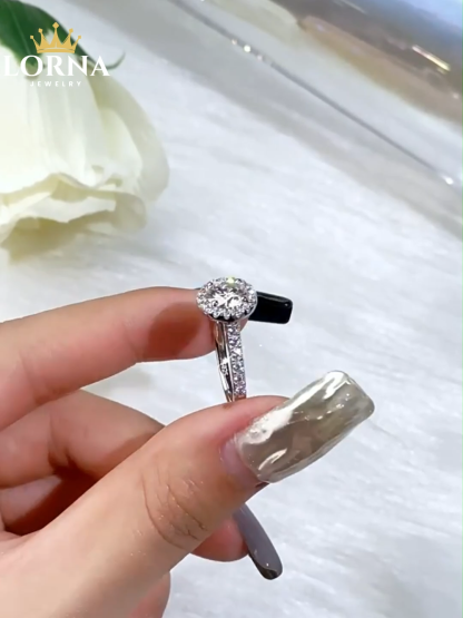 1Ct Moissanite Round Cut Halo Pave Setting Ring