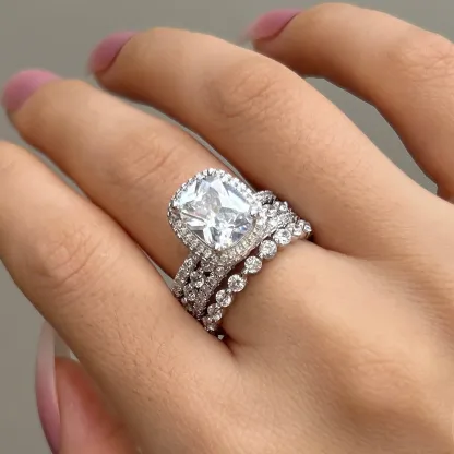 5Ct Vintage Handmade Cushion Cut Halo 3 Pcs Sterling Silver Bridal Set