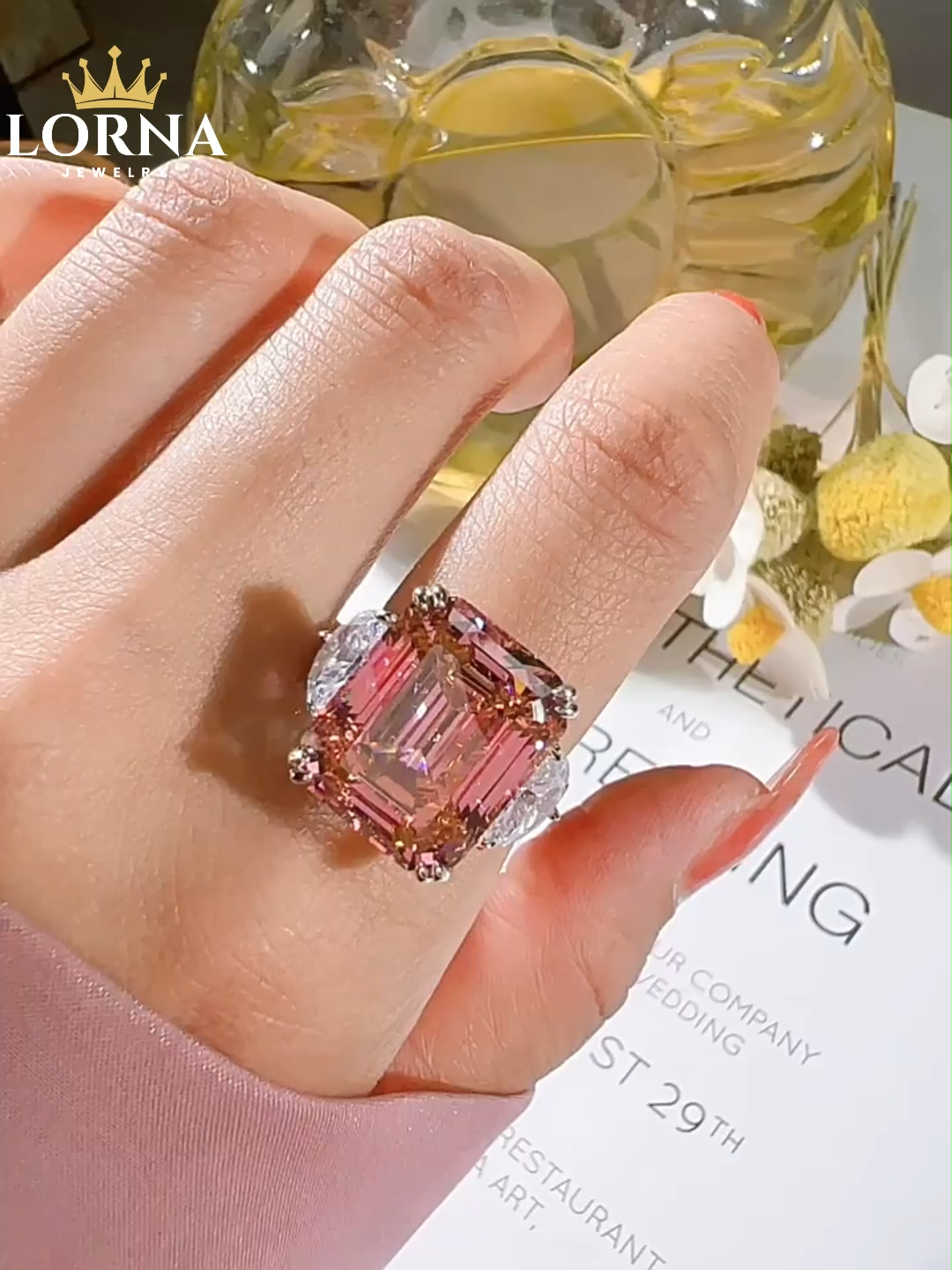 15Ct Emerald Cut Pink Diamond Three Stone Ring