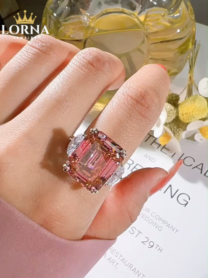 15Ct Emerald Cut Pink Diamond Three Stone Ring