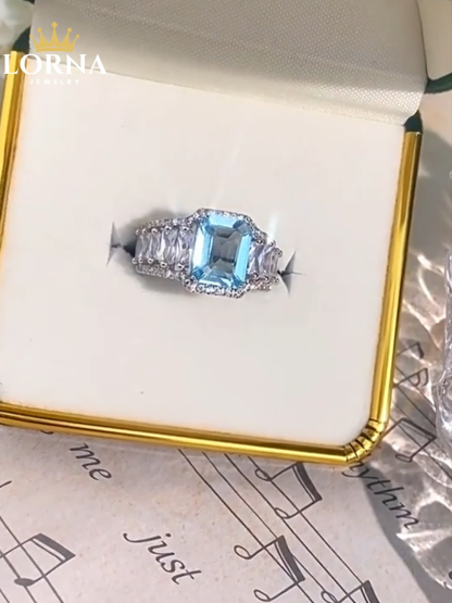 3Ct Aquamarine Blue Emerald Cut Pave Setting Vintage Ring