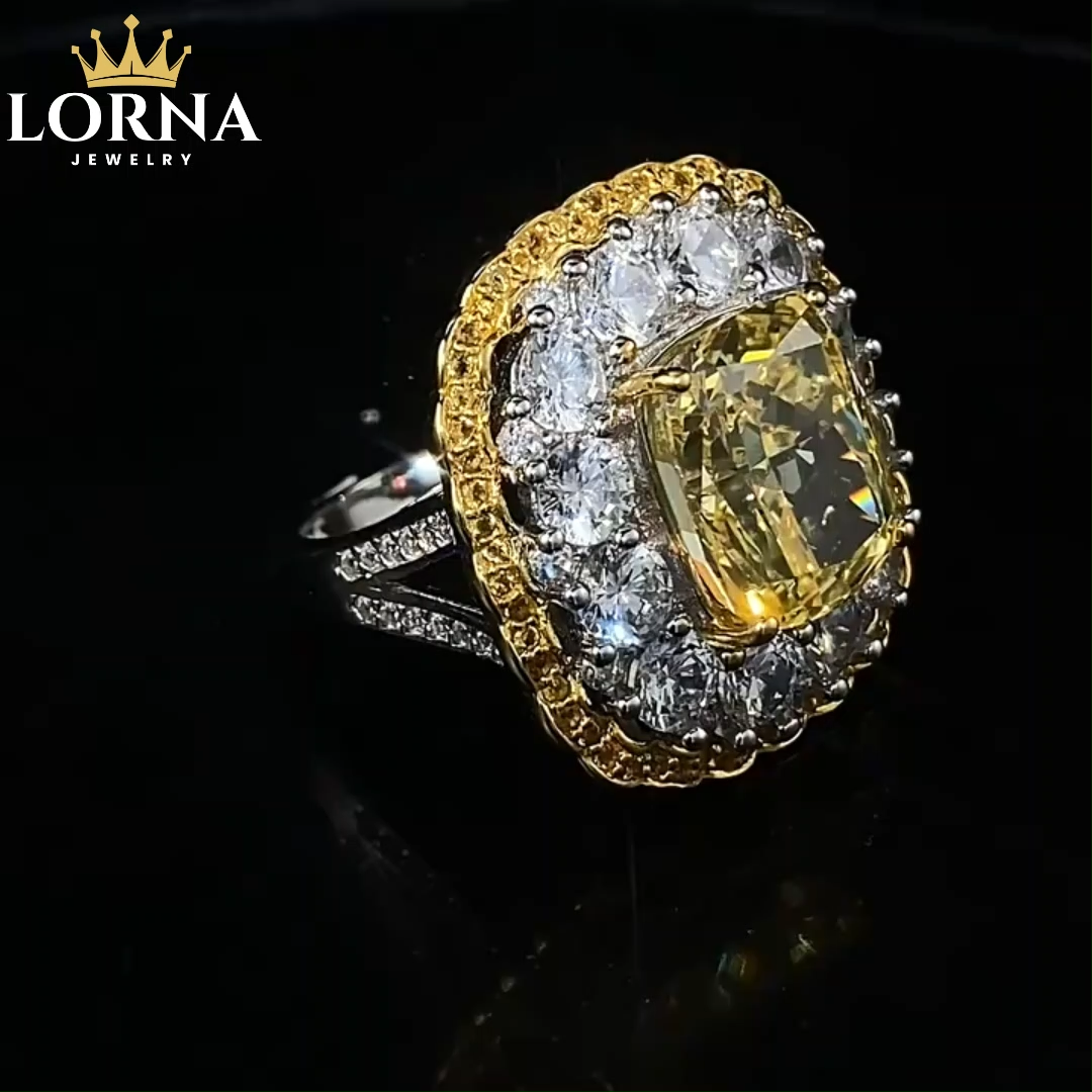 6.0Ct Luxury Yellow Cushion Gemstone Double Halo Design Ring