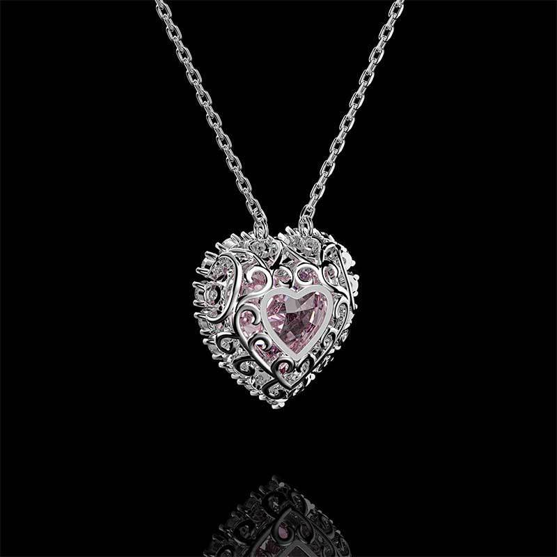 Halo Heart Cut Pink Sapphire Sterling Silver Necklace For Women-Sterling Silver-lornajewelry