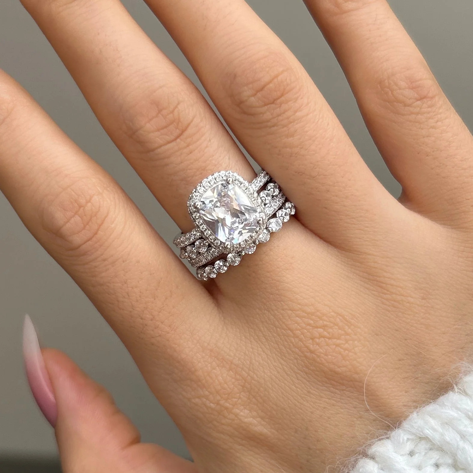 5Ct Vintage Handmade Cushion Cut Halo 3 Pcs Sterling Silver Bridal Set