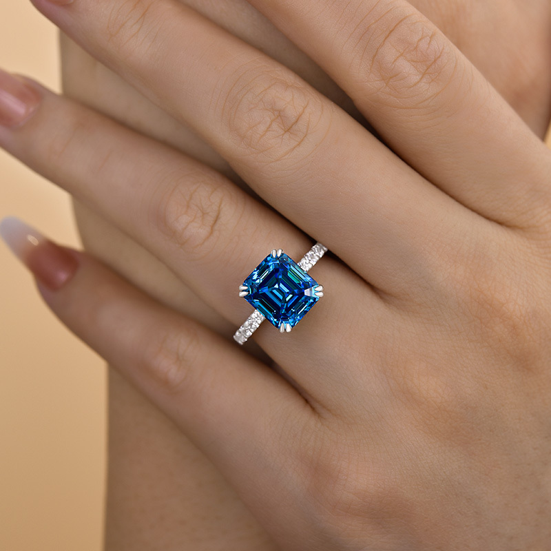 4.5Ct Noble Blue Sapphire Emerald Cut Engagement Ring-Sterling Silver-lornajewelry