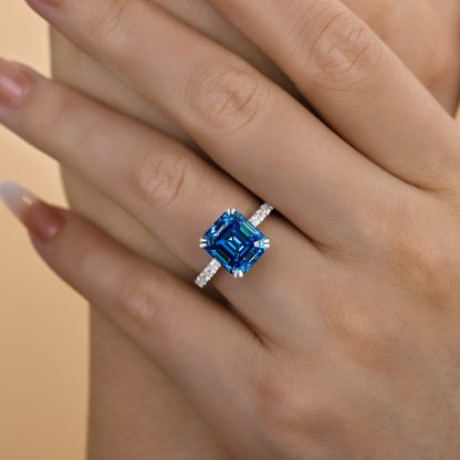 4.5Ct Noble Blue Sapphire Emerald Cut Engagement Ring-Sterling Silver-lornajewelry