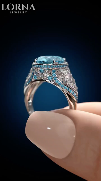 4Ct Round Cut Aquamarine Sapphire Engagement Ring in Sterling Silver