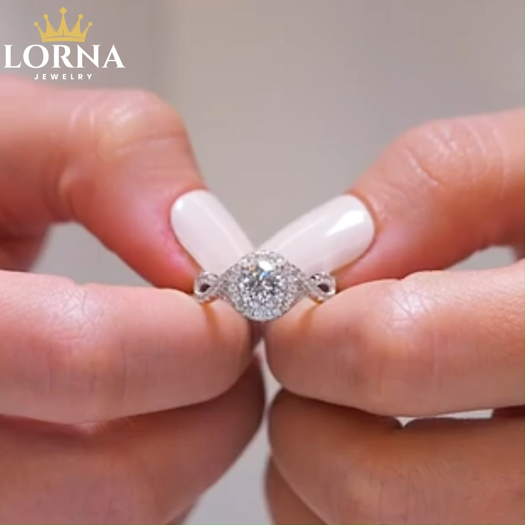1Ct Halo Round Twisted Pavé Engagement Ring