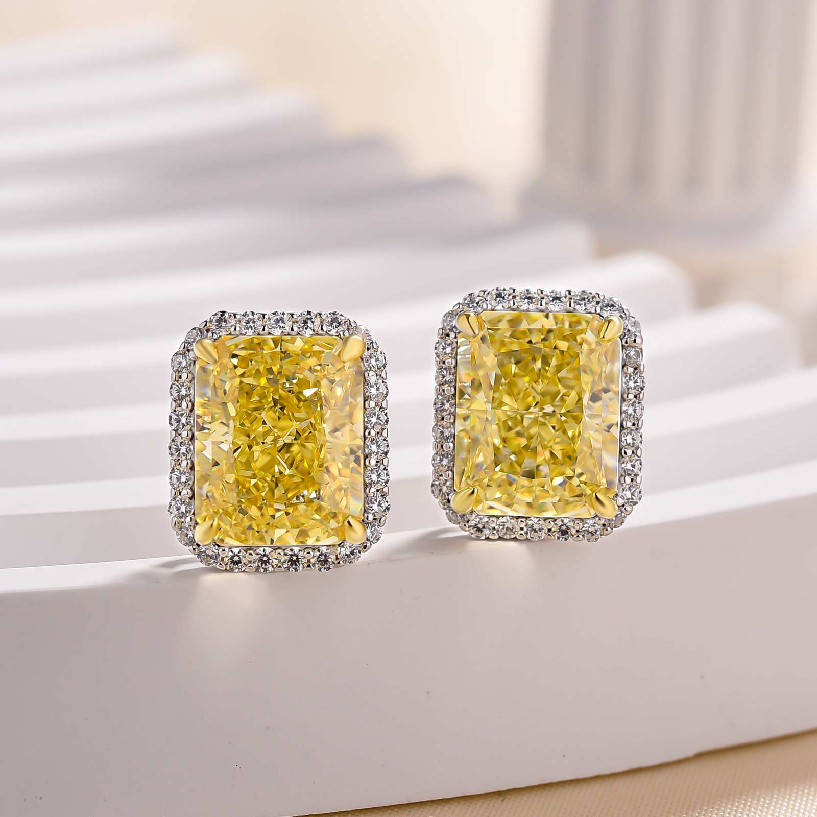 Stunning Halo Cushion Cut Yellow Sapphire Women's Stud Earring In Sterling Silver-Sterling Silver-lornajewelry