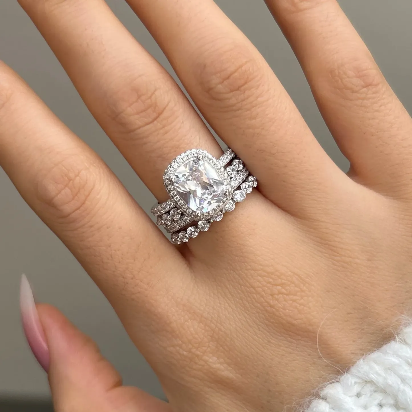 5Ct Vintage Handmade Cushion Cut Halo 3 Pcs Sterling Silver Bridal Set