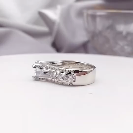 2Ct Round Cut Large Side Stone Engagement Ring in Sterling Silver