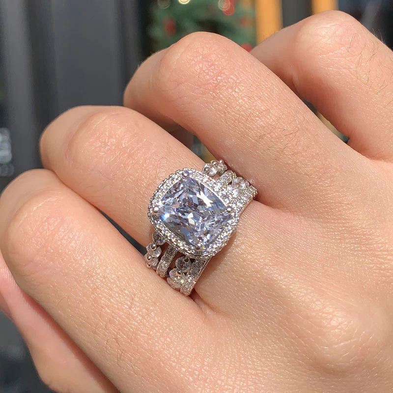 5Ct Vintage Handmade Cushion Cut Halo 3 Pcs Sterling Silver Bridal Set