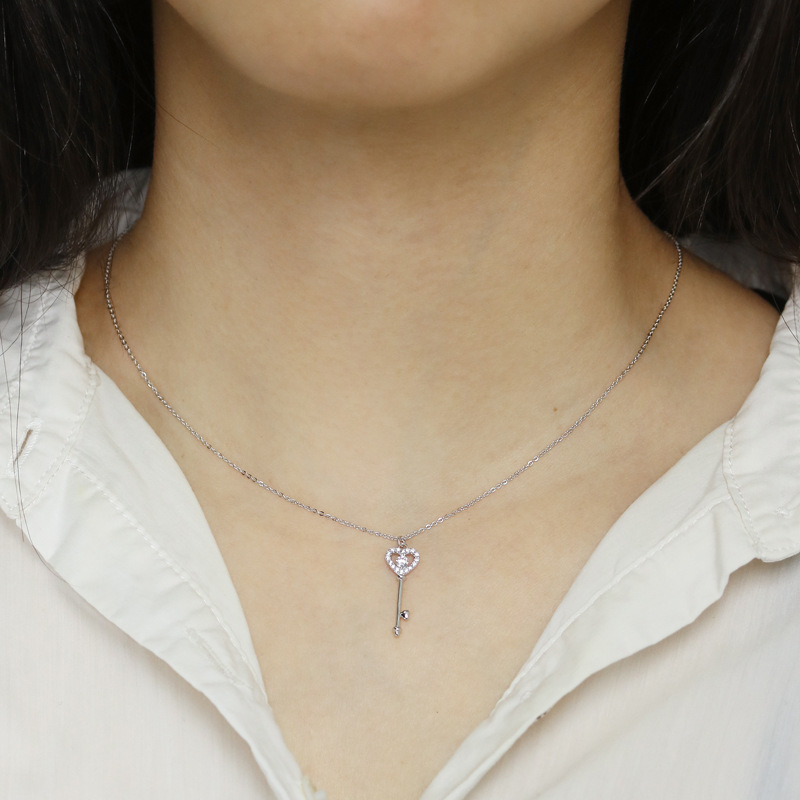 Heart Key White Sapphire Pendant Charm Necklace In Sterling Silver-Sterling Silver-lornajewelry