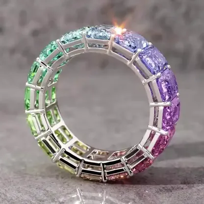 Rainbow Emerald Cut Prong Setting Band-Sterling Silver-lornajewelry