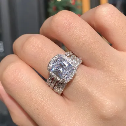 5Ct Vintage Handmade Cushion Cut Halo 3 Pcs Sterling Silver Bridal Set