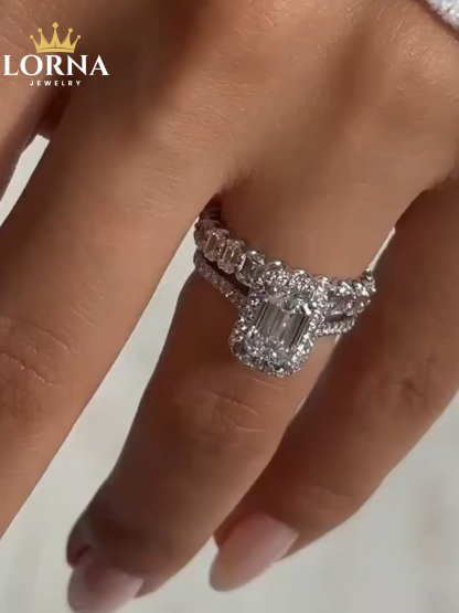 Noble Halo Emerald Cut Wedding Ring Set