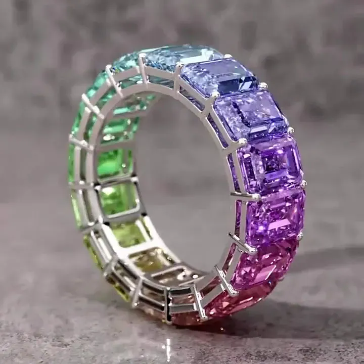 Rainbow Emerald Cut Prong Setting Band-Sterling Silver-lornajewelry