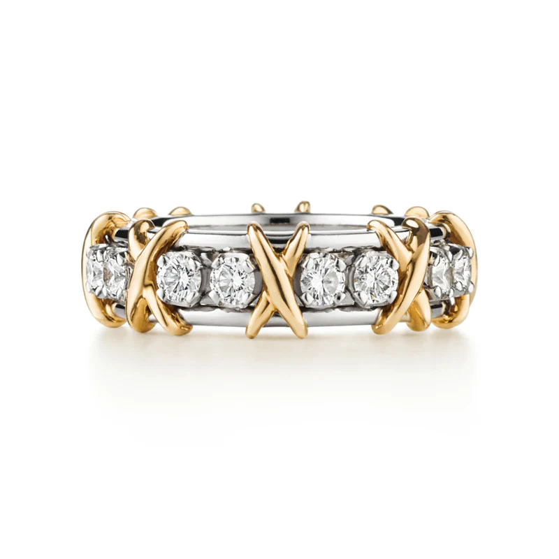 Moissanite Round Cut Yellow Gold X Prong Setting Band