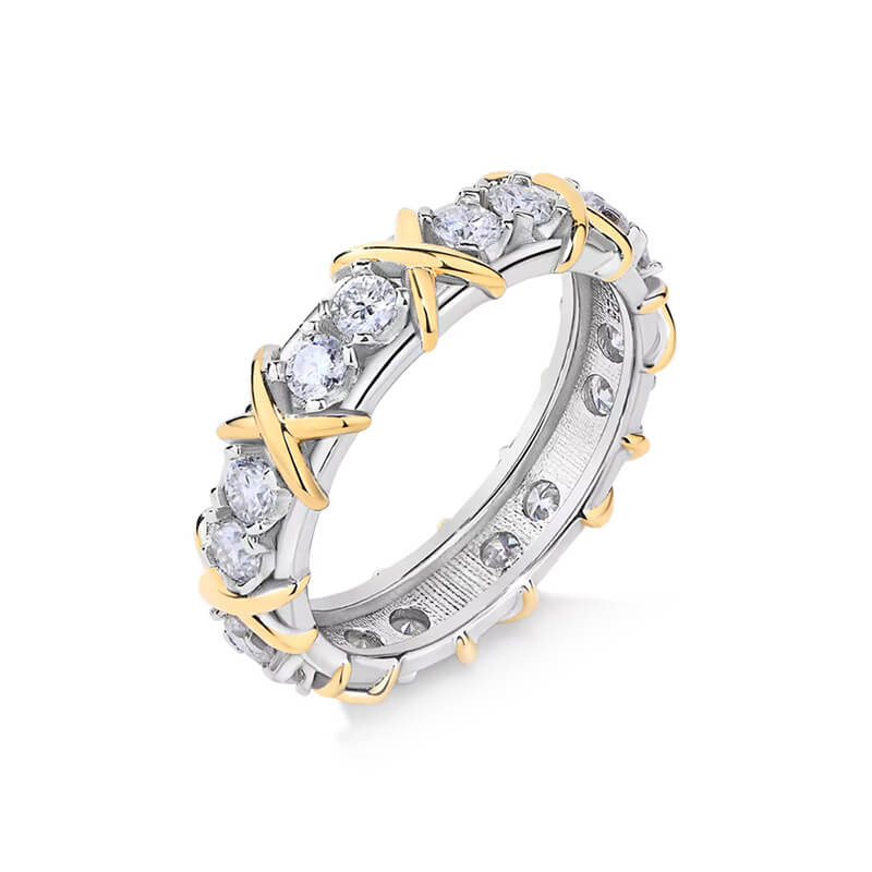 Moissanite Round Cut Yellow Gold X Prong Setting Band