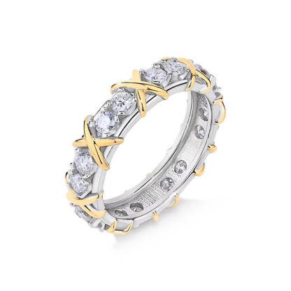 Moissanite Round Cut Yellow Gold X Prong Setting Band