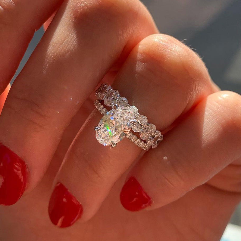 Stunning Oval Cut  Wedding Ring Set In Sterling Silver-Sterling Silver-lornajewelry