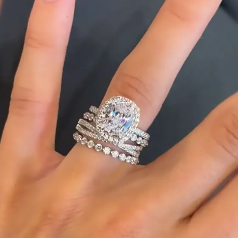 4PC Luxurious Halo Cushion Cut Wedding Set In Sterling Silver