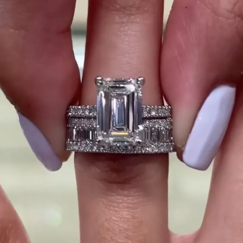 4Ct Emerald Cut Wedding Ring Set With Emerald Cut Wedding Band