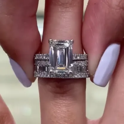 4Ct Emerald Cut Wedding Ring Set With Emerald Cut Wedding Band