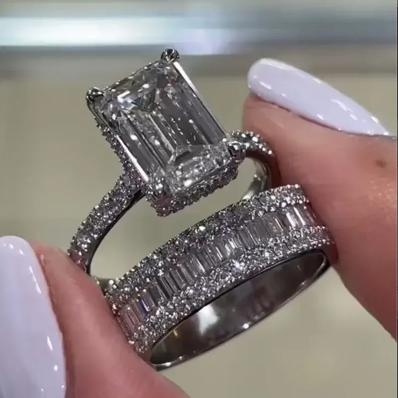 4Ct Emerald Cut Wedding Ring Set With Emerald Cut Wedding Band