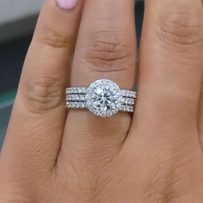 Classic Round Cut Halo 3-Pieces Wedding Set In Sterling Silver-Sterling Silver-lornajewelry