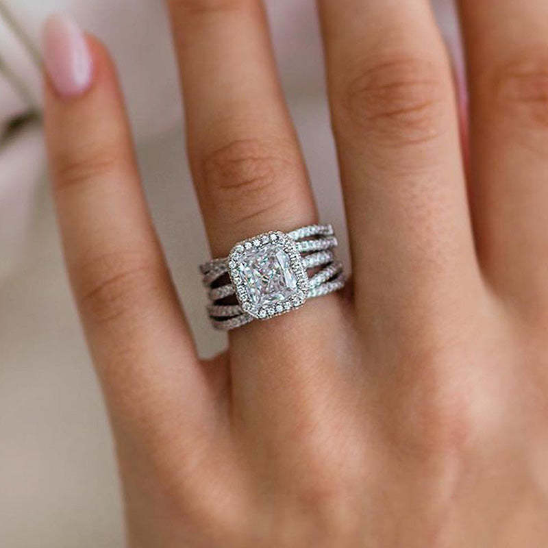 Luxurious Halo Radiant Cut  Wedding Ring Set In Sterling Silver-Sterling Silver-lornajewelry