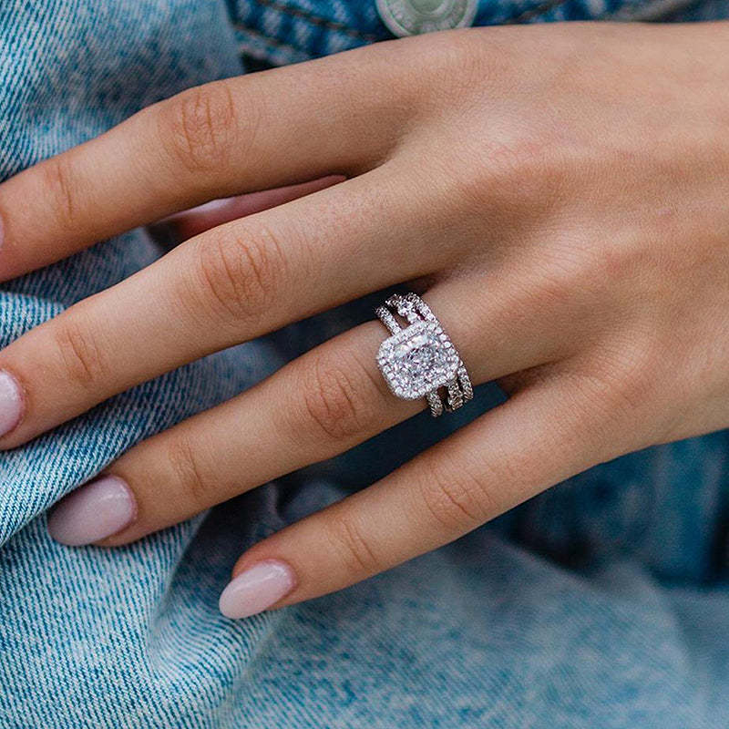 Gorgeous Halo Radiant Cut 3PC Wedding Ring Set For Women In Sterling Silver-Sterling Silver-lornajewelry