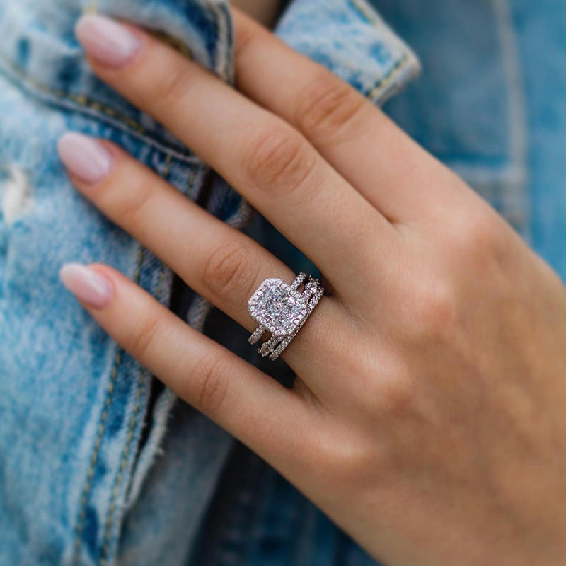 Gorgeous Halo Radiant Cut 3PC Wedding Ring Set For Women In Sterling Silver-Sterling Silver-lornajewelry