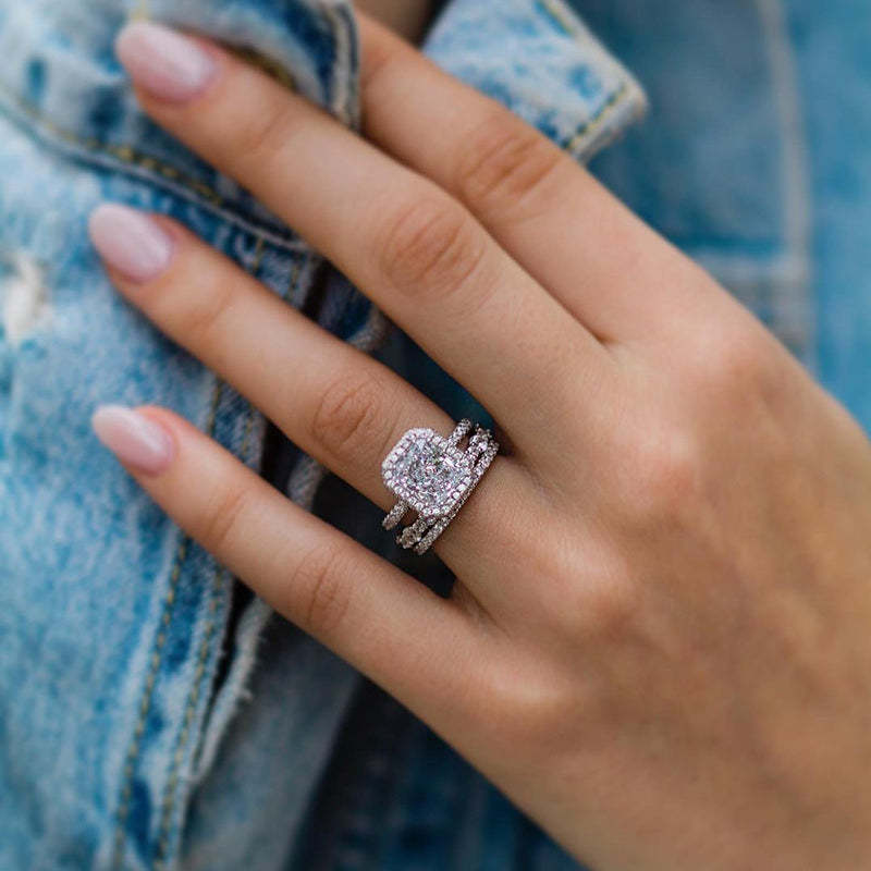 Gorgeous Halo Radiant Cut 3PC Wedding Ring Set For Women In Sterling Silver-Sterling Silver-lornajewelry