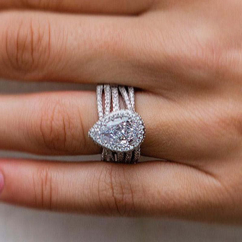 Classic Halo Pear Cut Wedding Ring Set In Sterling Silver-Sterling Silver-lornajewelry