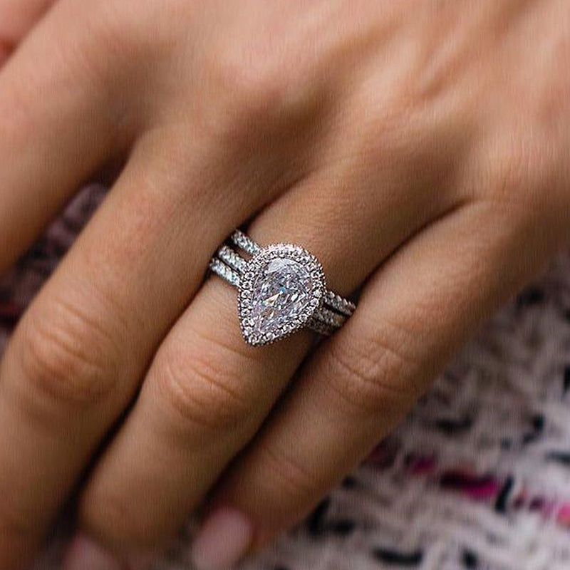 Exquisite Halo Pear Cut 3PC Wedding Ring Set In Sterling Silver-Sterling Silver-lornajewelry