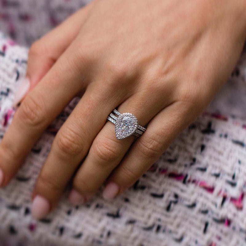 Exquisite Halo Pear Cut 3PC Wedding Ring Set In Sterling Silver-Sterling Silver-lornajewelry
