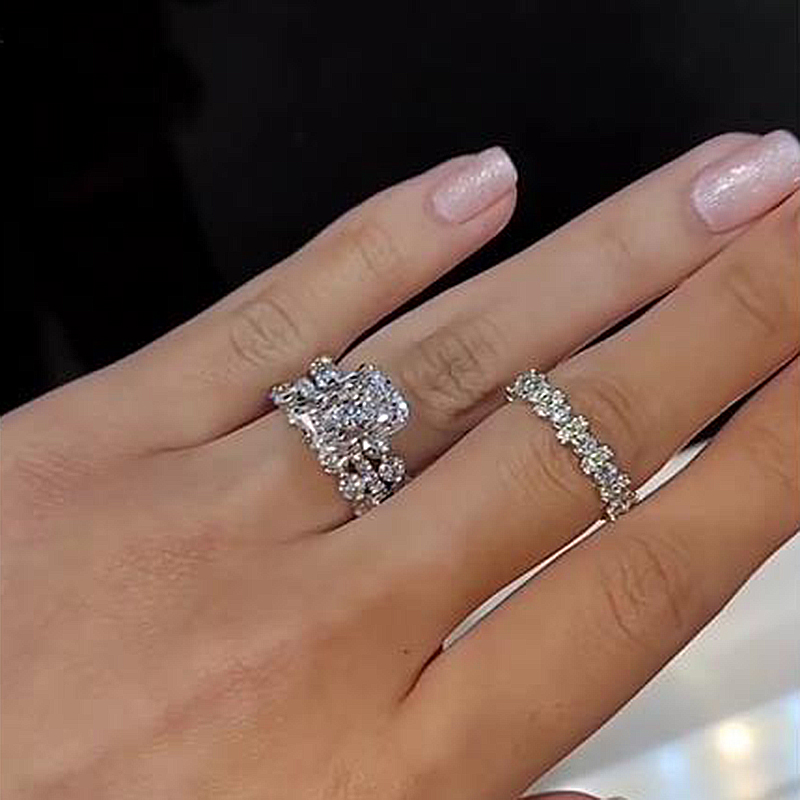 Stunning Sterling Silver Radiant Cut 3PC Ring Set-Sterling Silver-lornajewelry