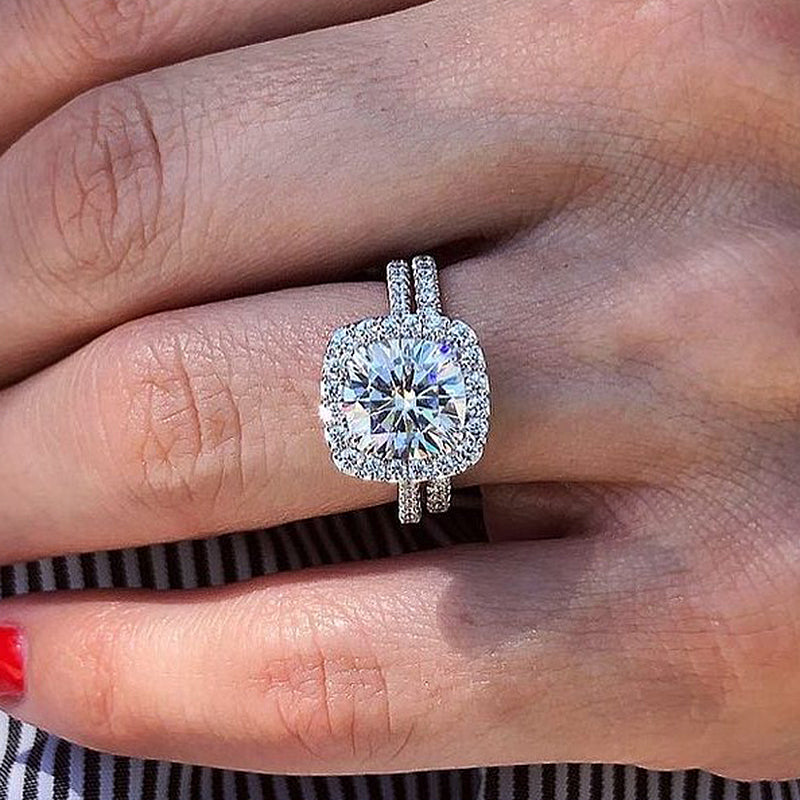 Classic Halo Round Cut  Wedding Set In Sterling Silver-Sterling Silver-lornajewelry