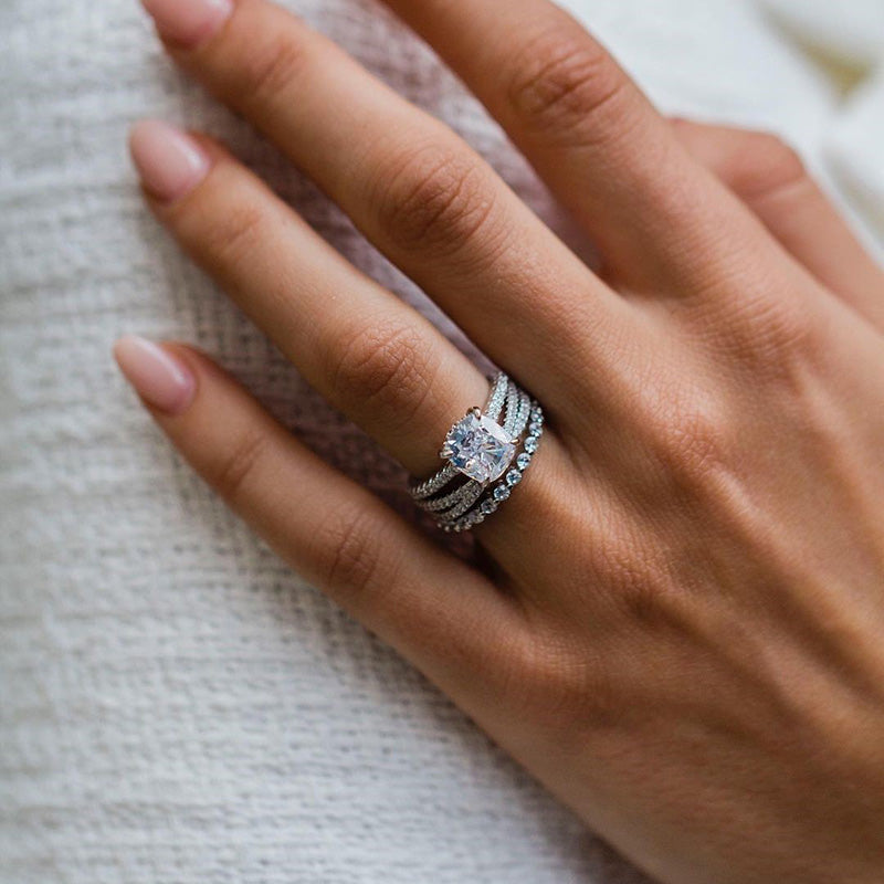 Stunning Cushion Cut 3PC Wedding Ring Set In Sterling Silver-Sterling Silver-lornajewelry