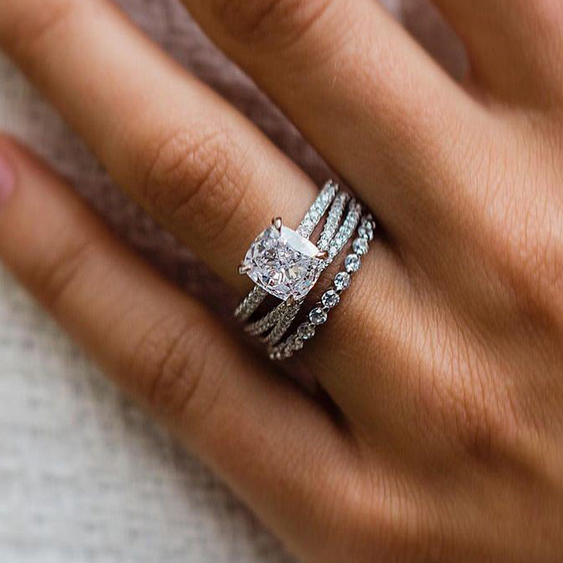 Stunning Cushion Cut 3PC Wedding Ring Set In Sterling Silver-Sterling Silver-lornajewelry