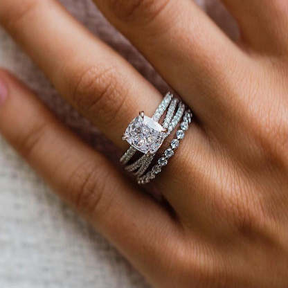 Stunning Cushion Cut 3PC Wedding Ring Set In Sterling Silver-Sterling Silver-lornajewelry