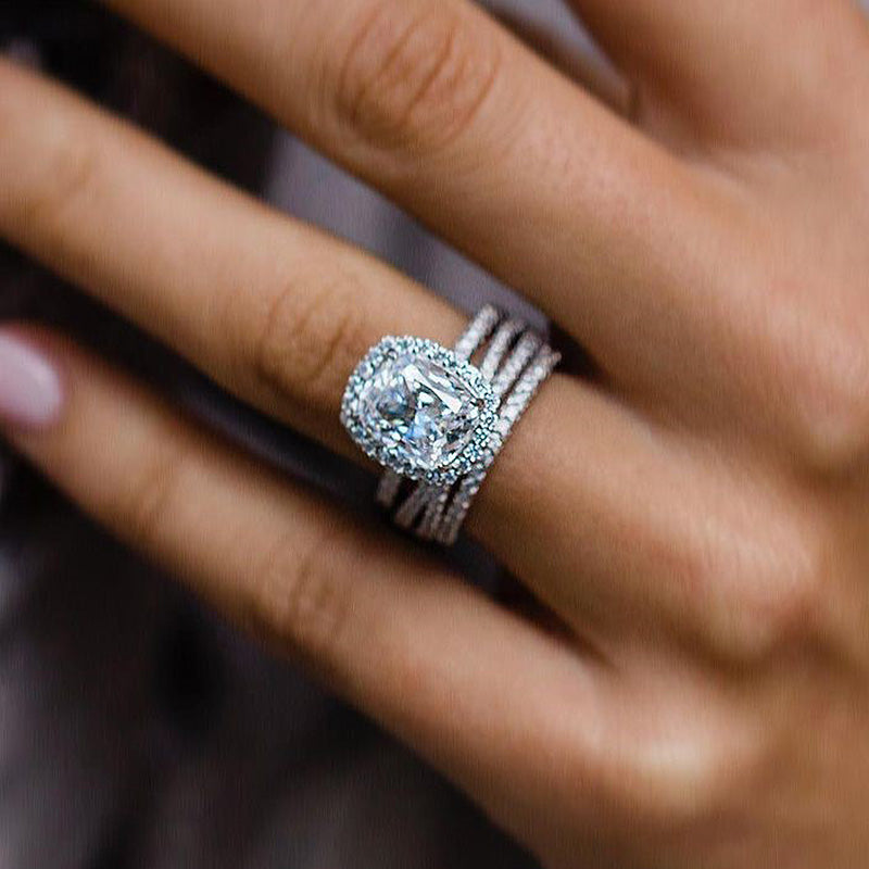 Gorgeous Halo Cushion Cut 3PC Wedding Set In Sterling Silver-Sterling Silver-lornajewelry