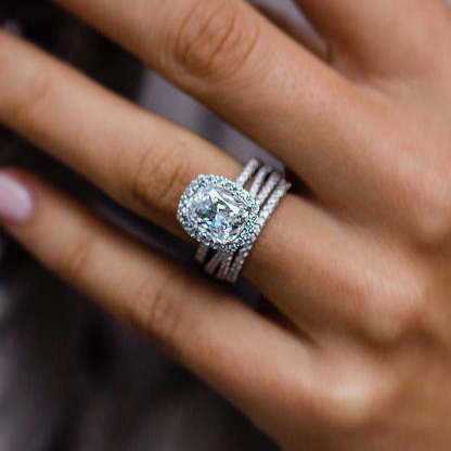 Gorgeous Halo Cushion Cut 3PC Wedding Set In Sterling Silver-Sterling Silver-lornajewelry